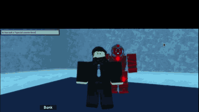 a man in a suit and tie is standing next to a red robot in a video game with a bank button in the corner