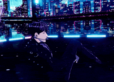 a cartoon drawing of a man laying down in front of a city skyline