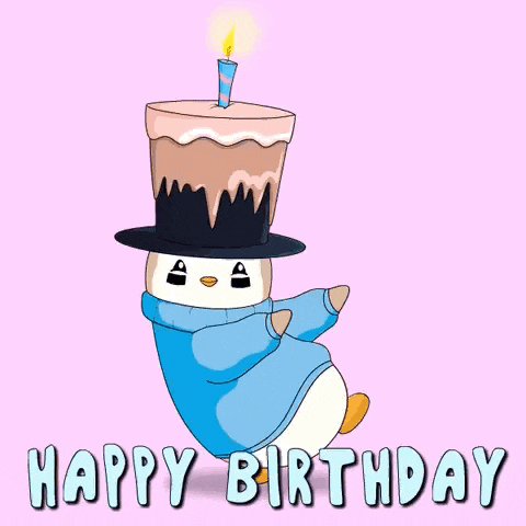 a penguin is wearing a top hat and holding a birthday cake with a candle on it .