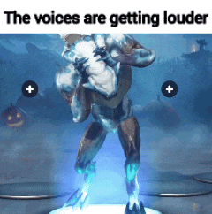 a statue of a monster with the words " the voices are getting louder " below it