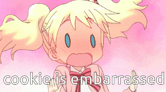 a picture of a girl with the words cookie is embarrassed below her