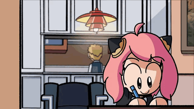 a cartoon of a girl with pink hair and a cat ear