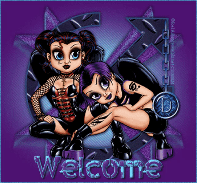 a purple background with two cartoon girls and the word welcome