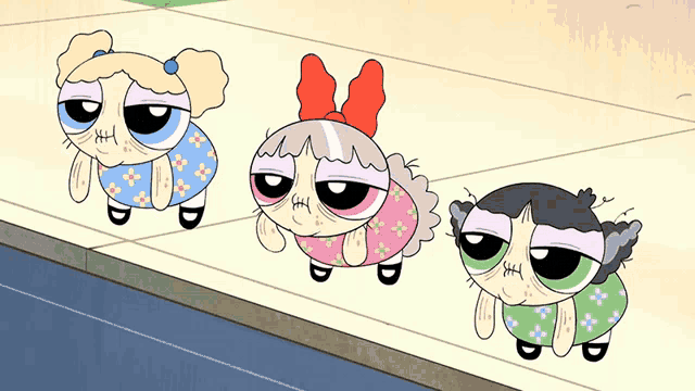 three cartoon characters are standing next to each other on a sidewalk and one has a red bow on her hair
