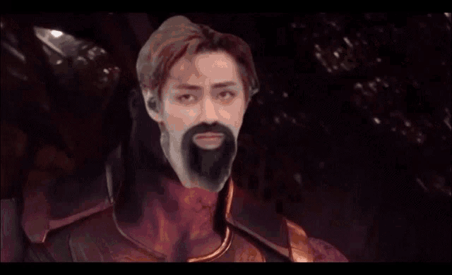 a man with a beard is wearing a red suit and a purple cape .