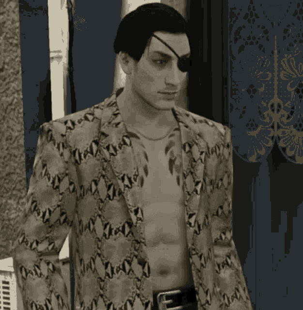 a man wearing a snakeskin jacket has a tattoo on his eye
