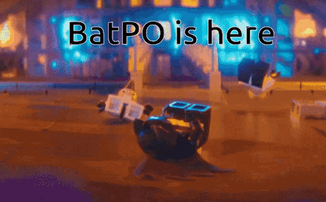 a cartoon scene with the words batpo is here at the top