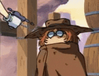 a cartoon character wearing a hat and goggles is standing next to a wooden post