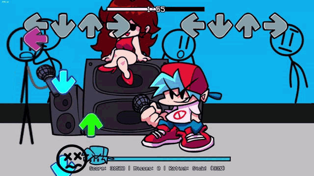 a video game with a girl sitting on a speaker and a boy singing