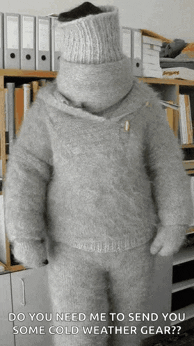 a person wearing a sweater with a turtleneck and mittens says do you need me to send you some cold weather gear ?