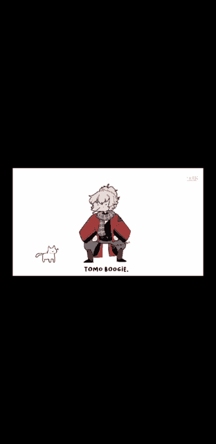 a cartoon of a boy in a red kimono dancing next to a cat with the words tomo boogie below him