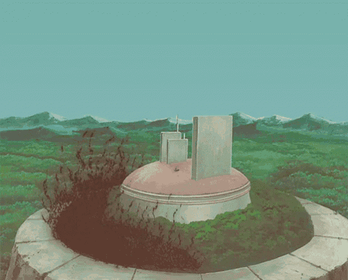 a painting of a building in the middle of a grassy field