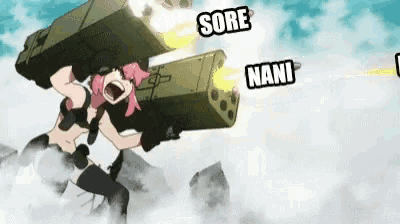 a cartoon girl is holding a rocket launcher in the sky .