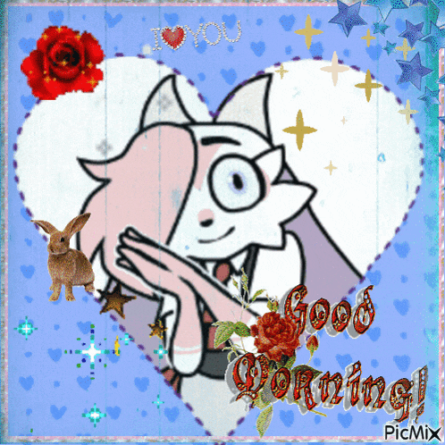 a picture of a cartoon character with the words " good morning " on it