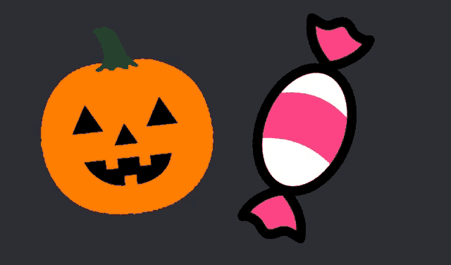 a pumpkin and a pink candy on a dark background