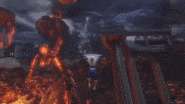 a video game scene with a person standing in front of a large explosion