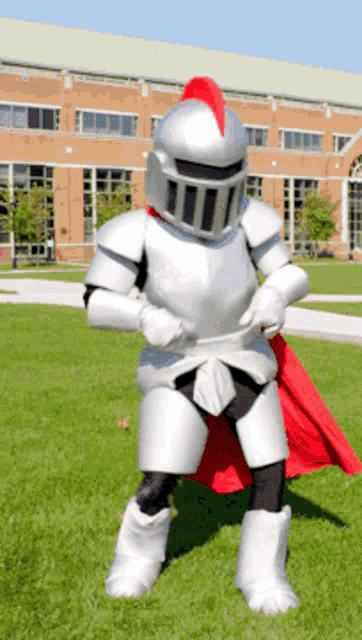 a person dressed as a knight with a red cape is standing in the grass