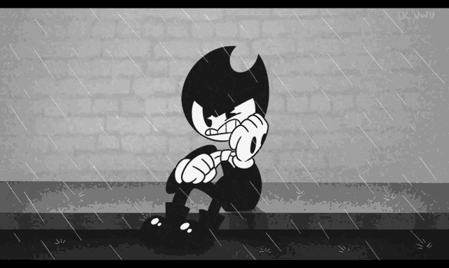 a black and white drawing of a cartoon character in the rain