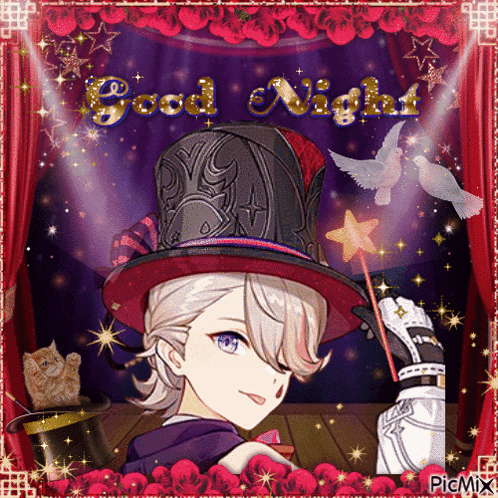 a picture of a girl wearing a top hat and holding a wand with the words good night written above her