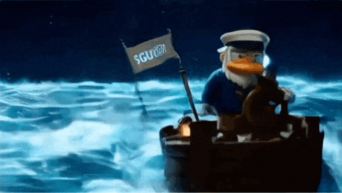 a cartoon duck is driving a boat with a flag that says squid on it