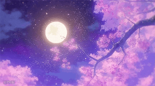 a full moon shines brightly in the night sky above a tree branch with purple flowers