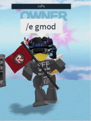a robot is holding a red flag and a sign that says owner / e gmod