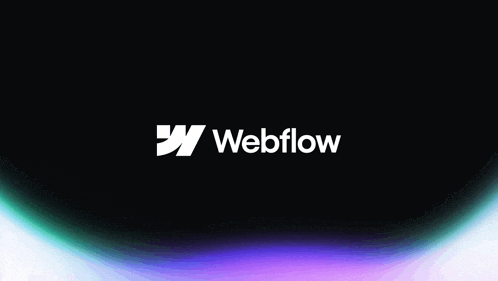 the webflow logo is displayed on a black background with a purple and green gradient .