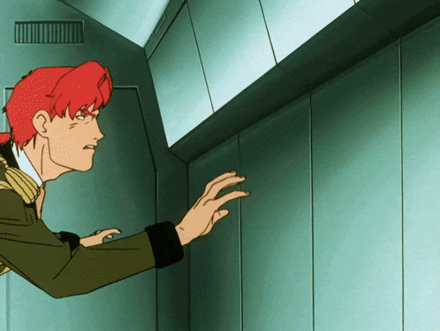 a cartoon of a man with red hair reaching out towards a wall