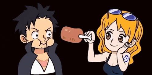 a cartoon drawing of a man and a woman eating a potato