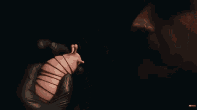 a person wearing black gloves holding a pink object