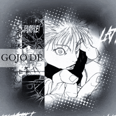 a black and white drawing of a person with the word gojo de on the bottom right