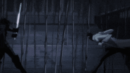 a man in a cape is fighting another man with a sword in a dark room