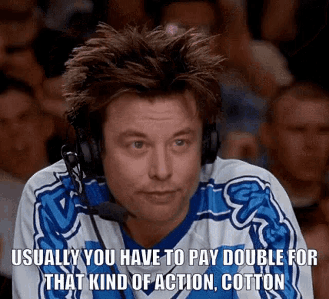 a man wearing headphones and a blue and white jersey says usually you have to pay double for that kind of action cotton .