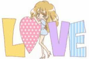 a girl is hugging a heart in front of the word love .
