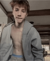 a young man without a shirt is wearing a gray hoodie and blue underwear .