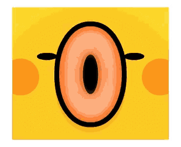 a close up of a cartoon duck 's face with a yellow background and a circle in the middle .
