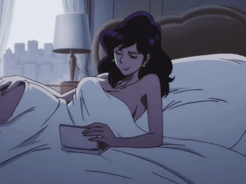 a cartoon of a woman laying in bed with a tablet