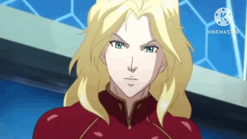 a cartoon character with blonde hair and blue eyes is standing in front of a building .
