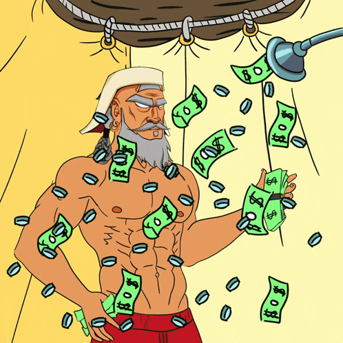 a cartoon of a shirtless man surrounded by money and coins