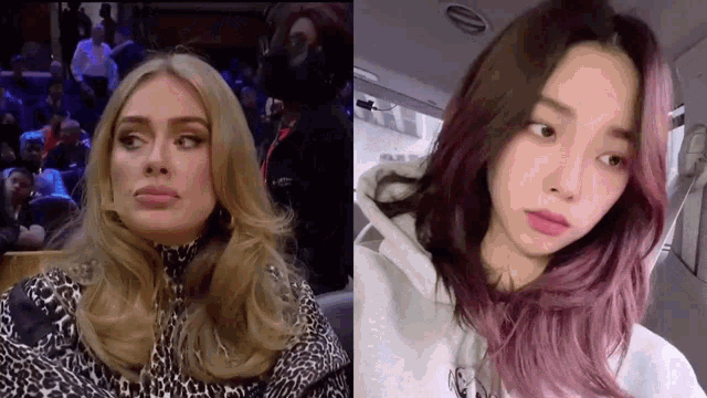 a woman with blonde hair and a woman with pink hair are sitting next to each other .