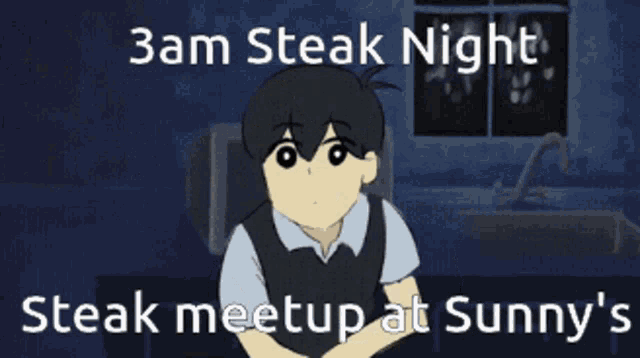 a cartoon of a man holding a knife and fork with the words 3am steak night steak meetup at sunny
