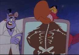 a cartoon character is looking at an x ray of a bird