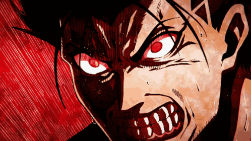 a cartoon drawing of a man with red eyes