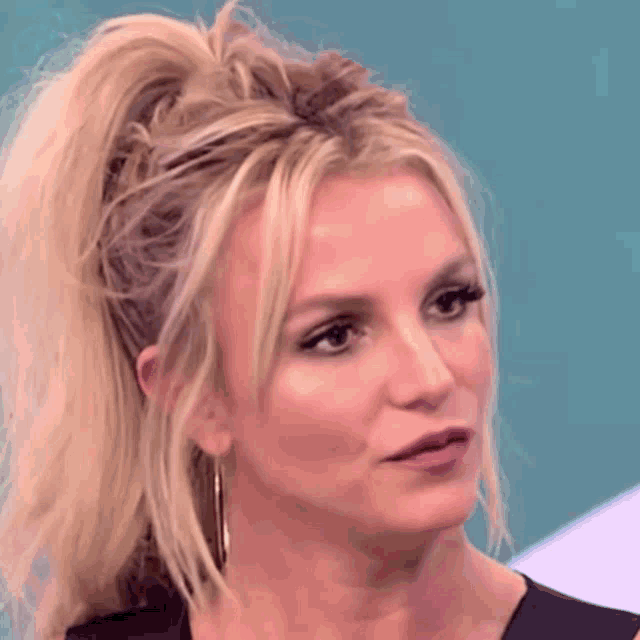 a close up of a woman with blonde hair in a ponytail .