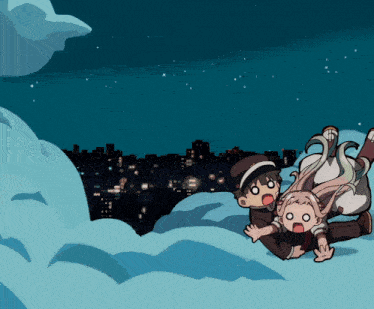 a cartoon of a boy and a girl laying on top of a snowy hill