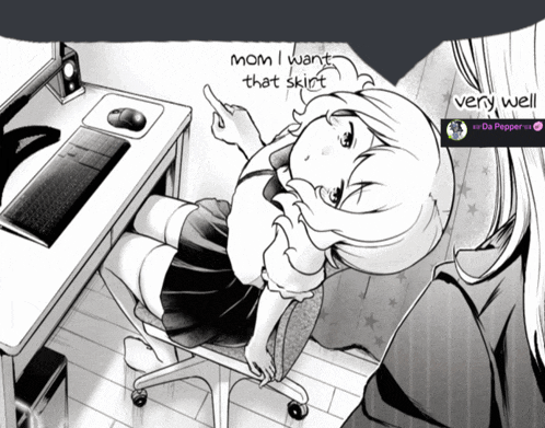 a black and white drawing of a girl sitting in a chair with the words mom i want that skirt very well at the bottom