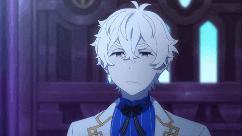 a cartoon character with white hair and a blue shirt has a sad look on his face