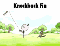 a cartoon of a raccoon with the words " knockback fin " on the bottom