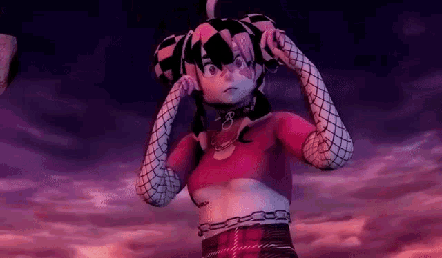 a 3d rendering of a girl wearing a pink crop top and black fishnet stockings .