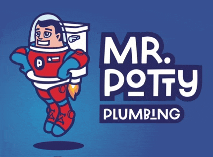 a logo for mr. potty plumbing with a man in a space suit holding a toilet